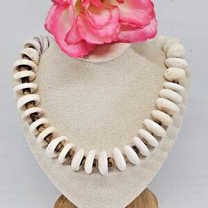 Real Large Puka Shell & Wood Necklace Surfer Choker 20" Surf Boho Beaded